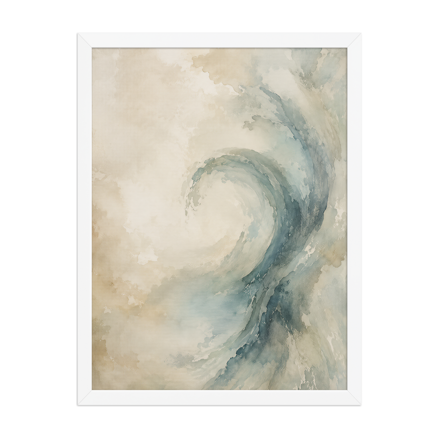 Framed ocean wave-inspired poster with flowing watercolor textures in soft blue, ivory, and warm neutral tones.
