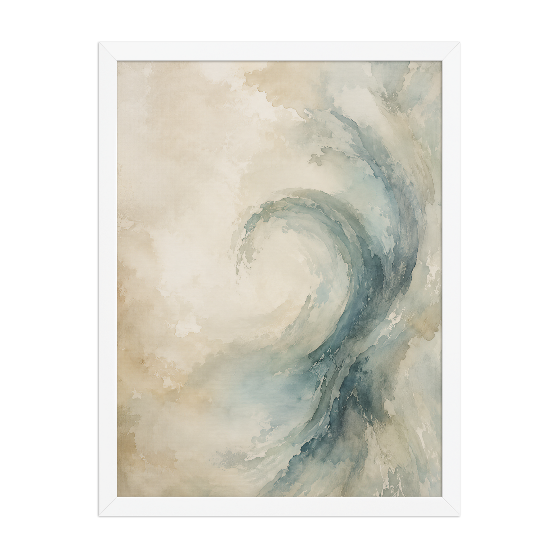 Framed ocean wave-inspired poster with flowing watercolor textures in soft blue, ivory, and warm neutral tones.