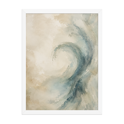 Framed ocean wave-inspired poster with flowing watercolor textures in soft blue, ivory, and warm neutral tones.