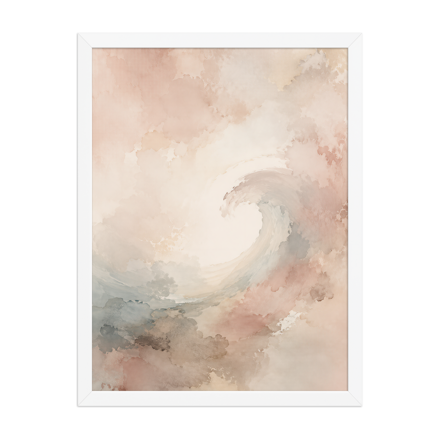 Framed ocean wave-inspired poster with flowing watercolor textures in blush, soft blue, and warm neutral tones.