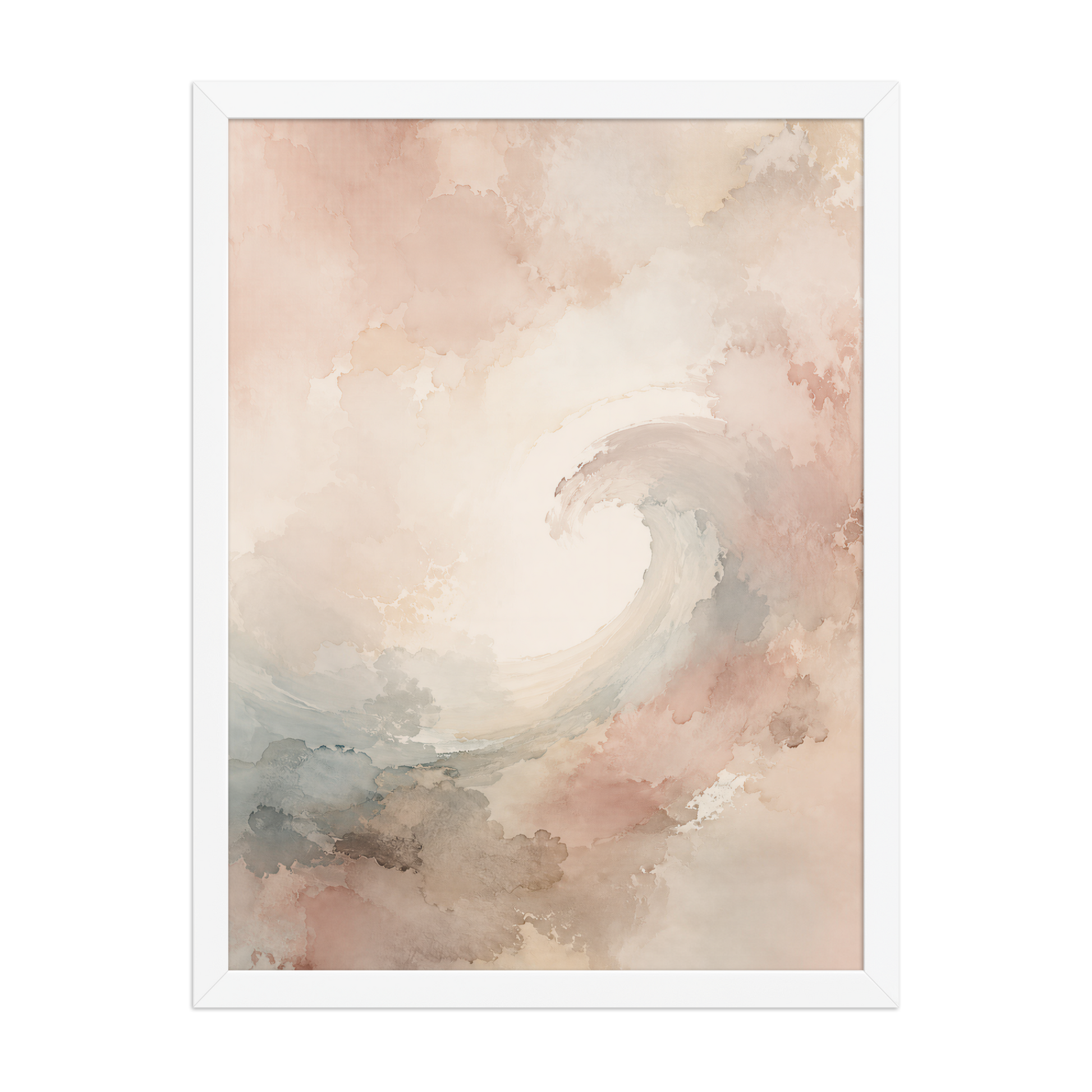Framed ocean wave-inspired poster with flowing watercolor textures in blush, soft blue, and warm neutral tones.