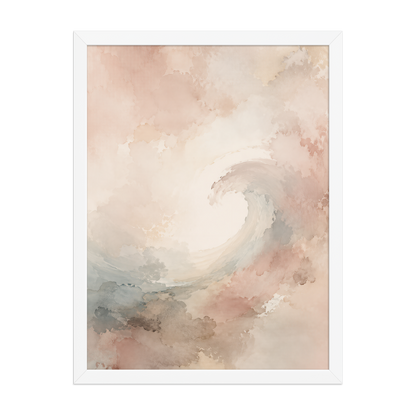 Framed ocean wave-inspired poster with flowing watercolor textures in blush, soft blue, and warm neutral tones.