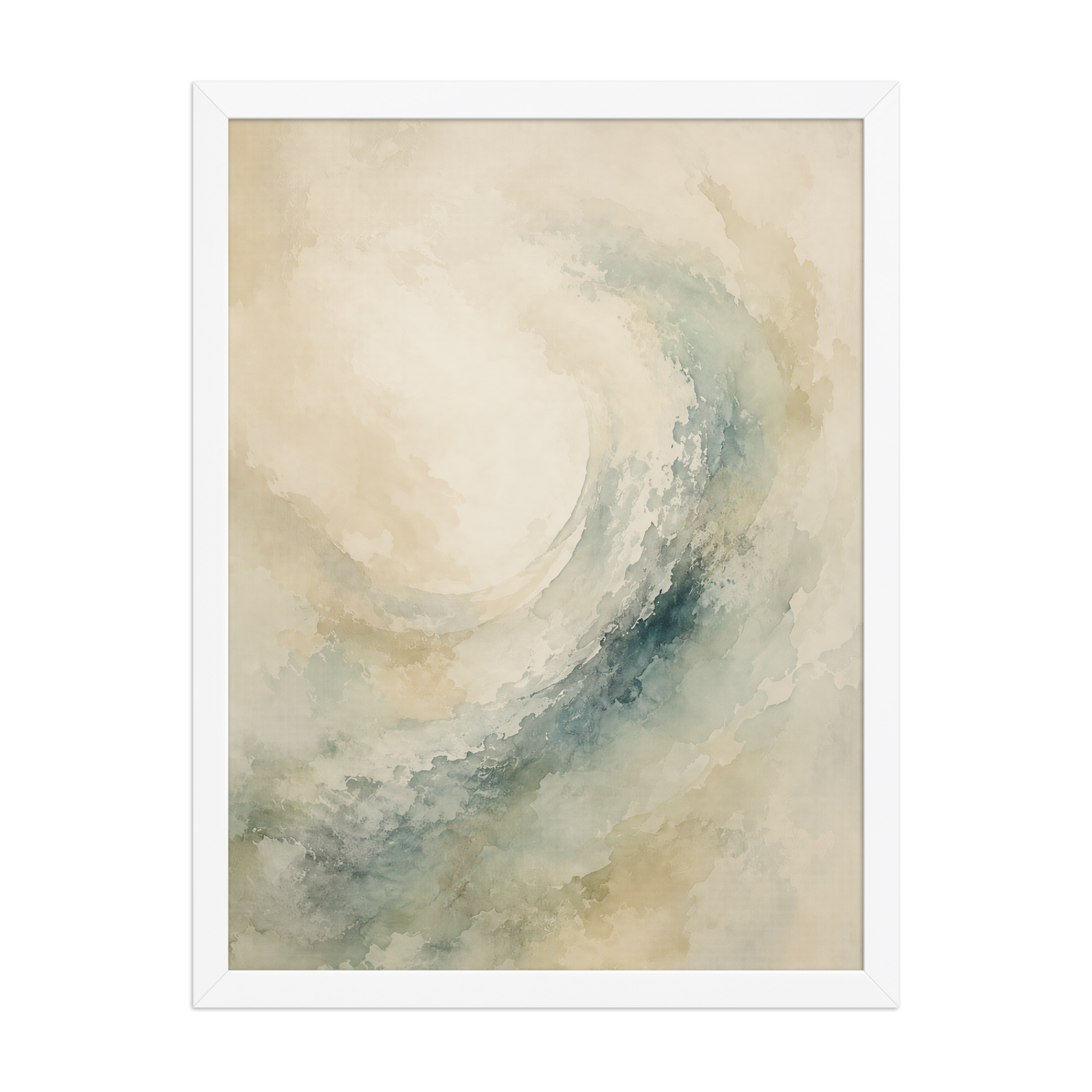 Framed ocean wave-inspired poster with flowing watercolor textures in soft blue, sage, and warm neutral tones.