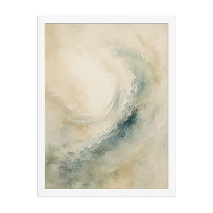 Framed ocean wave-inspired poster with flowing watercolor textures in soft blue, sage, and warm neutral tones.