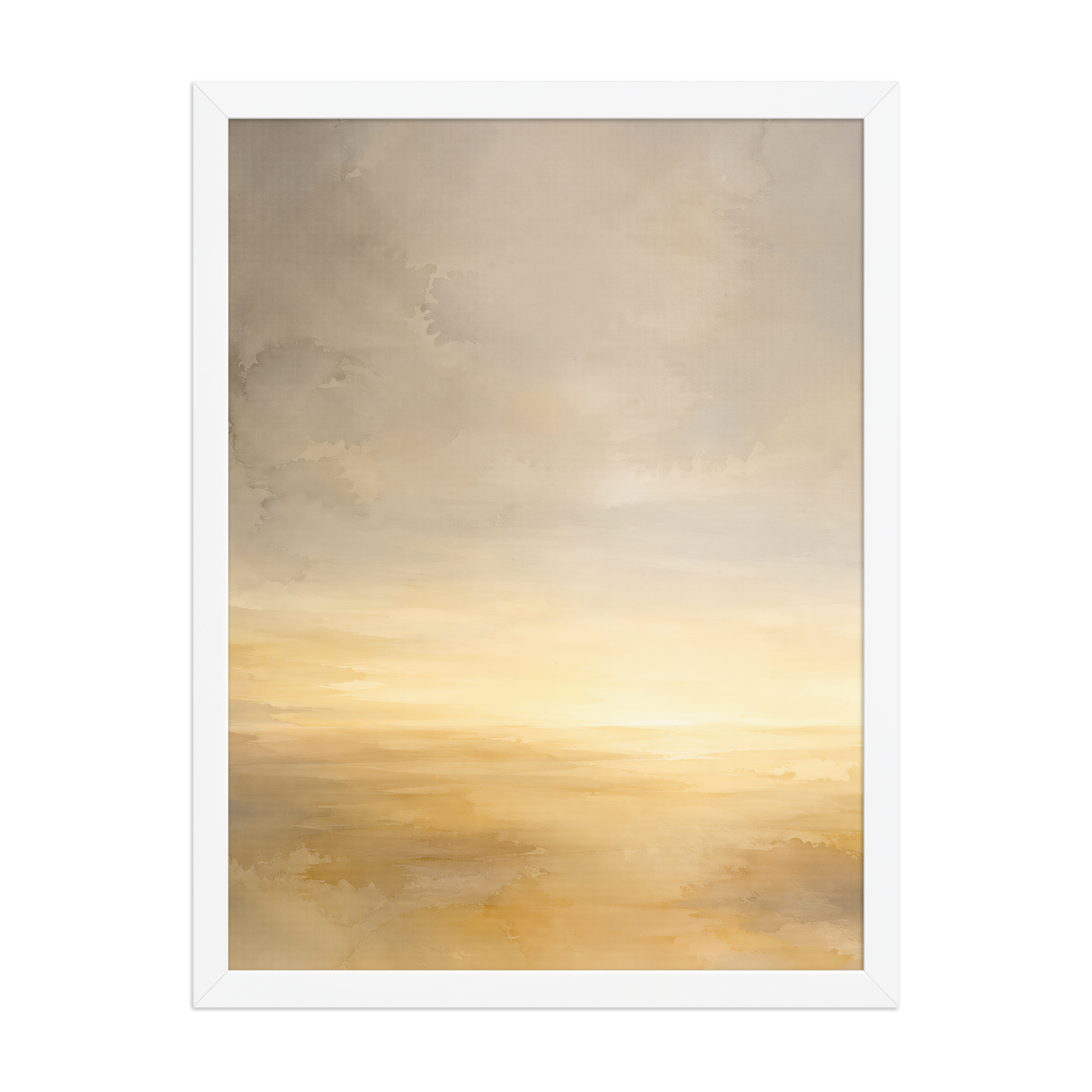 Framed sunrise poster featuring a glowing ocean horizon with soft watercolor textures in warm gold, ivory, and neutral tones.