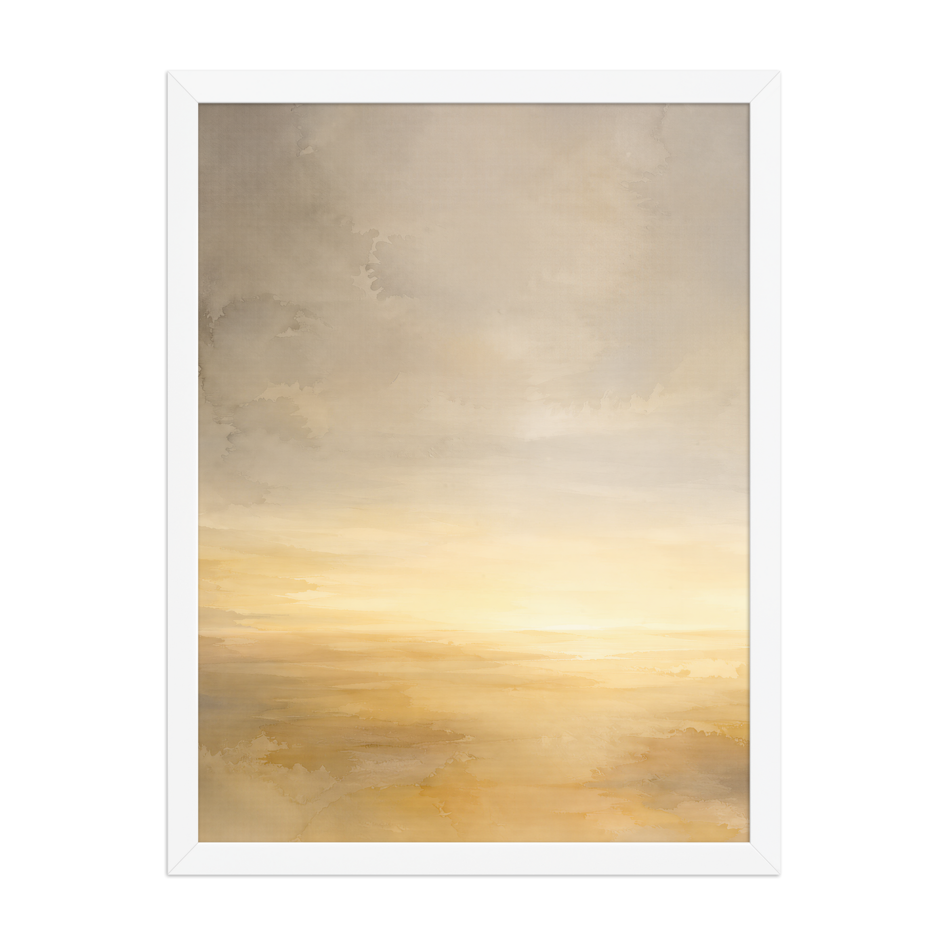 Framed sunrise poster featuring a glowing ocean horizon with soft watercolor textures in warm gold, ivory, and neutral tones.