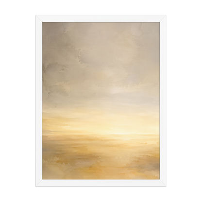 Framed sunrise poster featuring a glowing ocean horizon with soft watercolor textures in warm gold, ivory, and neutral tones.