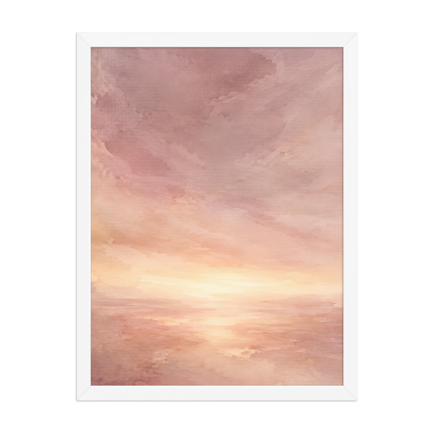 Framed sunrise poster with a glowing blush ocean horizon and soft watercolor textures in pink, peach, and warm neutral tones.