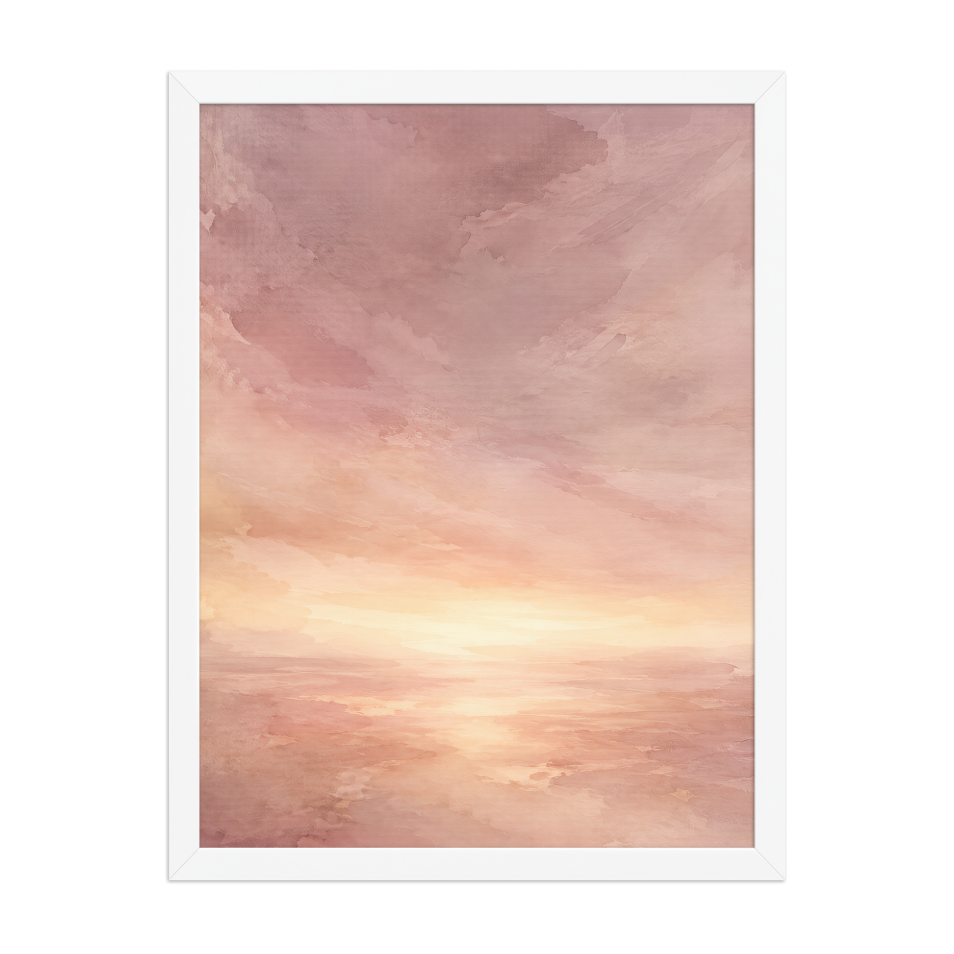 Framed sunrise poster with a glowing blush ocean horizon and soft watercolor textures in pink, peach, and warm neutral tones.