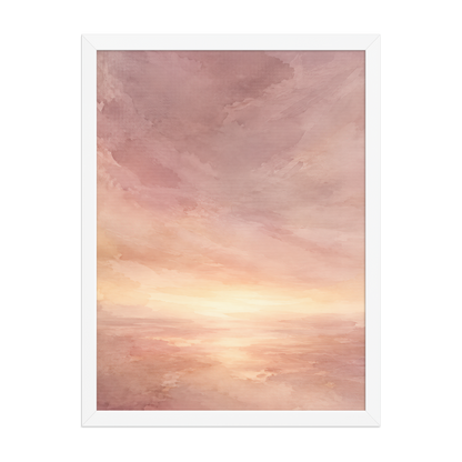 Framed sunrise poster with a glowing blush ocean horizon and soft watercolor textures in pink, peach, and warm neutral tones.