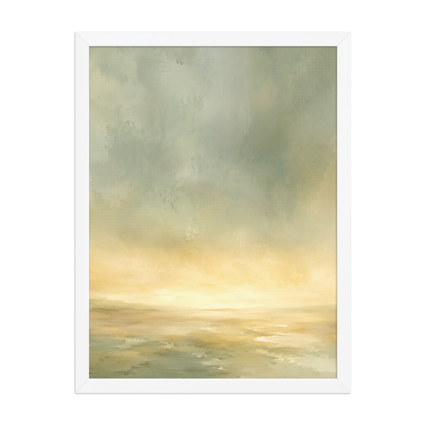 Framed sunrise poster featuring a glowing ocean horizon with soft sage green, warm gold, and watercolor textures.