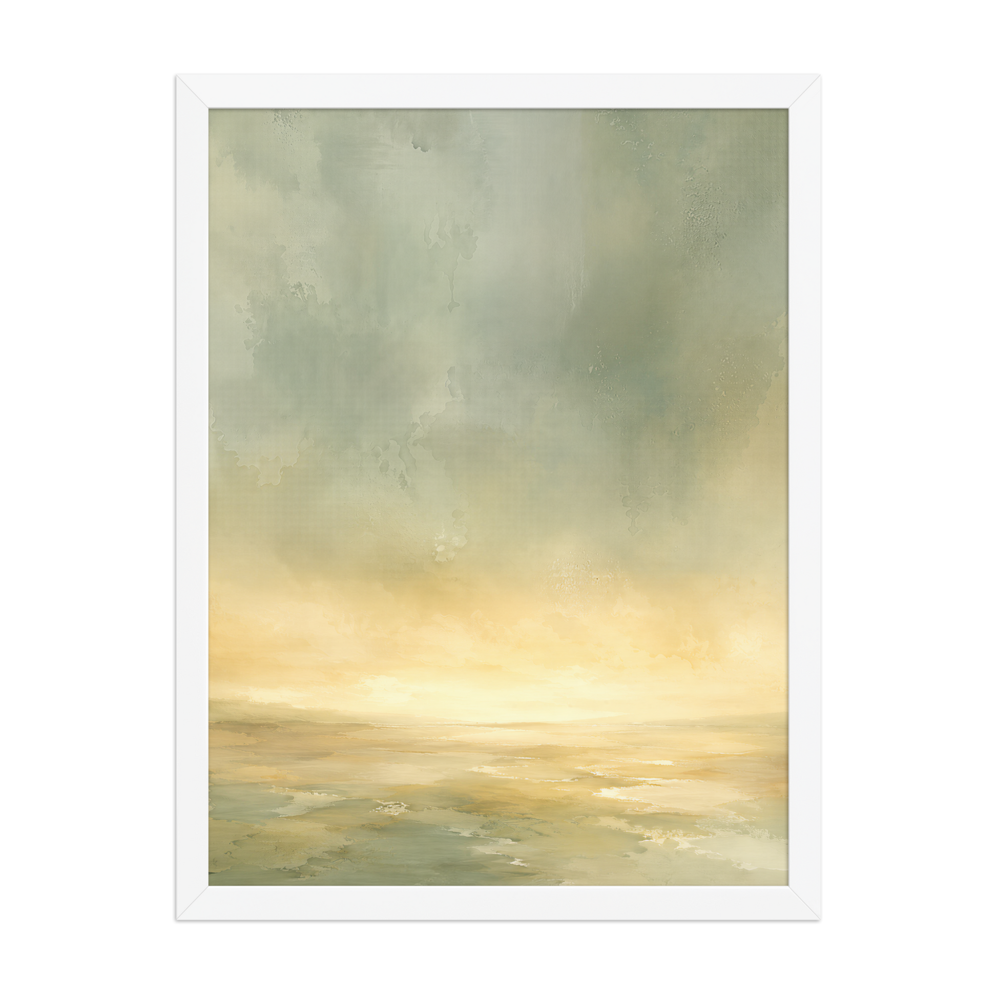 Framed sunrise poster featuring a glowing ocean horizon with soft sage green, warm gold, and watercolor textures.