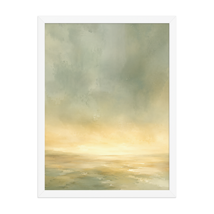 Framed sunrise poster featuring a glowing ocean horizon with soft sage green, warm gold, and watercolor textures.