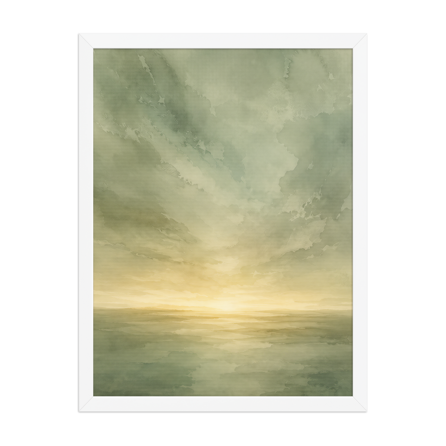 Framed sunrise poster featuring a glowing ocean horizon with soft sage green watercolor textures and warm golden light.