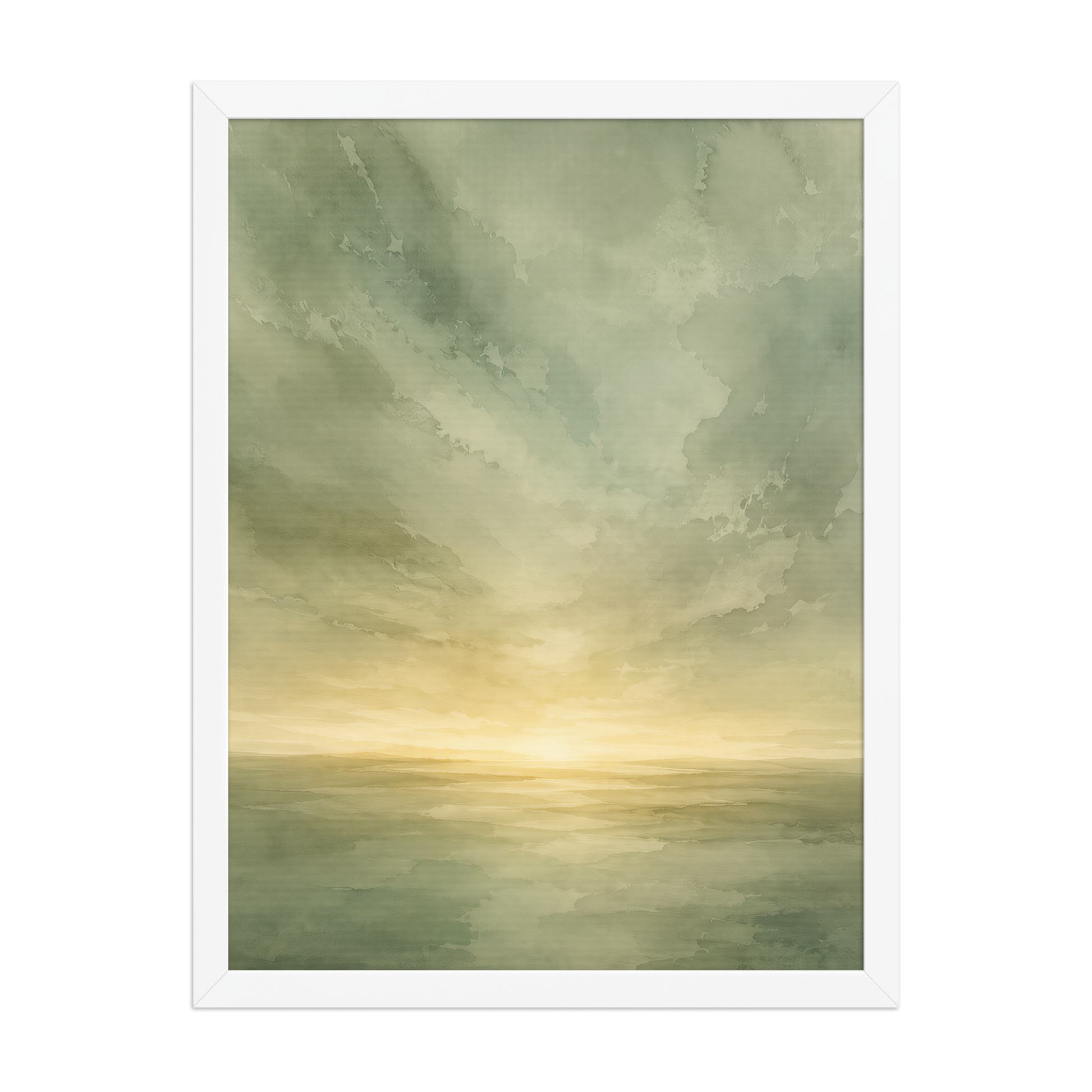 Framed sunrise poster featuring a glowing ocean horizon with soft sage green watercolor textures and warm golden light.