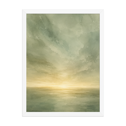 Framed sunrise poster featuring a glowing ocean horizon with soft sage green watercolor textures and warm golden light.