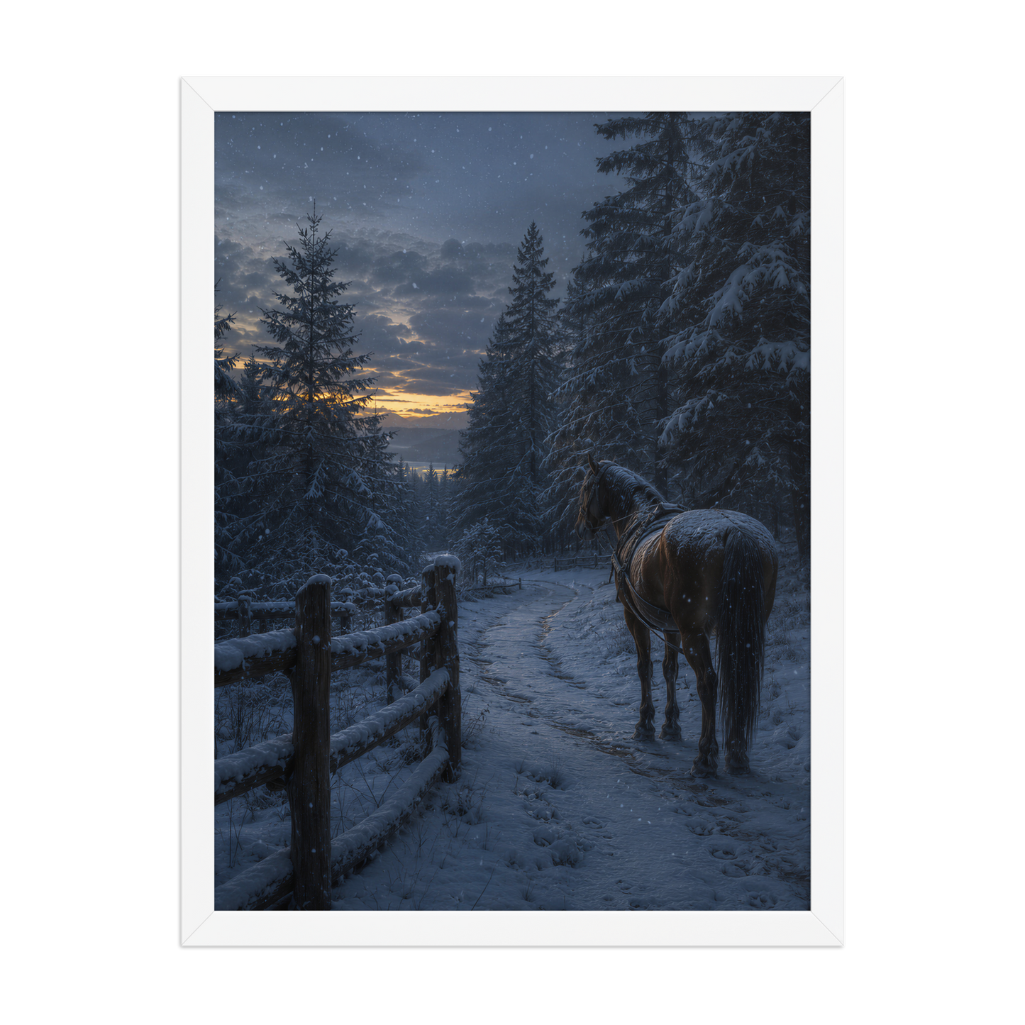 Framed winter forest poster featuring a lone horse on a snowy woodland path at twilight, inspired by Robert Frost's Miles to go, original Visual Poetry artwork.