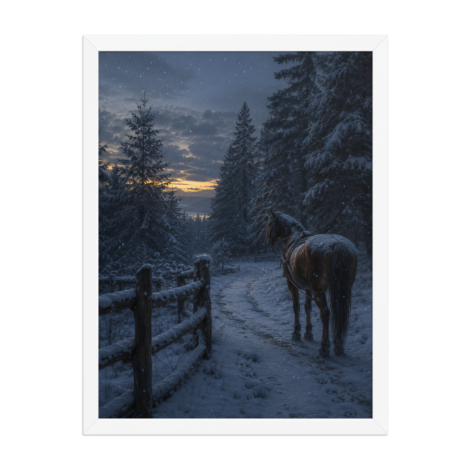 Framed winter forest poster featuring a lone horse on a snowy woodland path at twilight, inspired by Robert Frost's Miles to go, original Visual Poetry artwork.