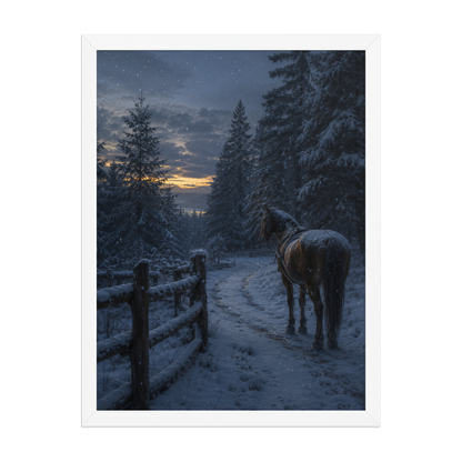 Framed winter forest poster featuring a lone horse on a snowy woodland path at twilight, inspired by Robert Frost's Miles to go, original Visual Poetry artwork.