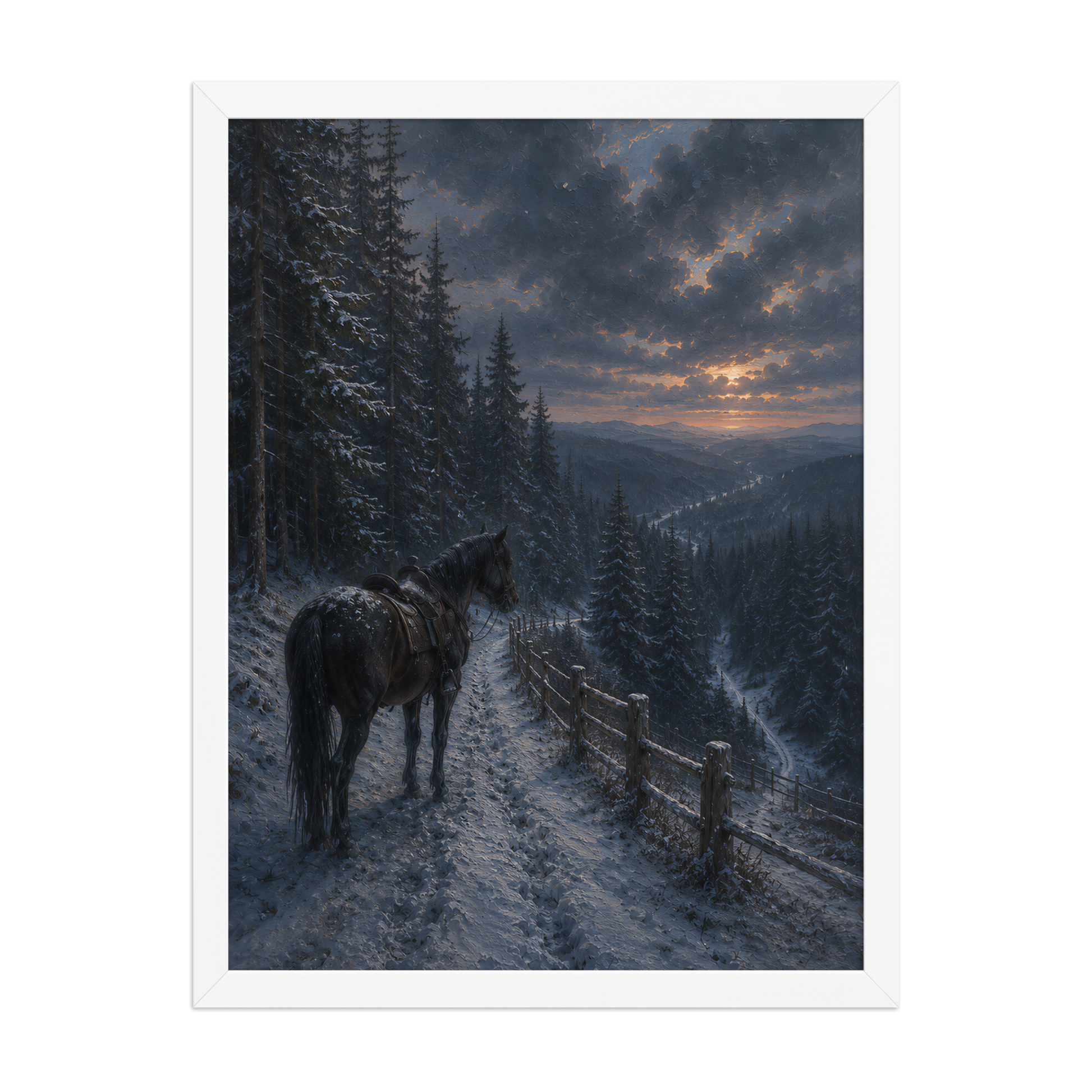 Framed mountain trail poster featuring a lone horse overlooking a snowy valley at winter sunset, inspired by Robert Frost's The Road Not Taken, original Visual Poetry artwork.