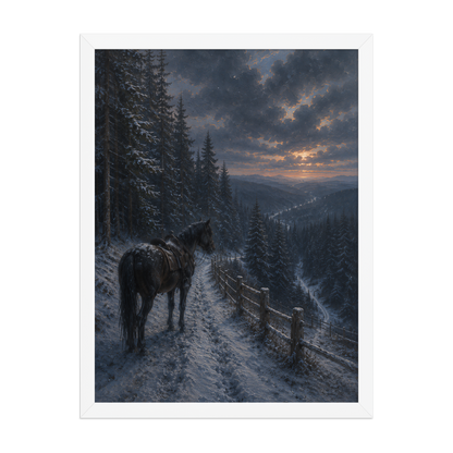 Framed mountain trail poster featuring a lone horse overlooking a snowy valley at winter sunset, inspired by Robert Frost's The Road Not Taken, original Visual Poetry artwork.