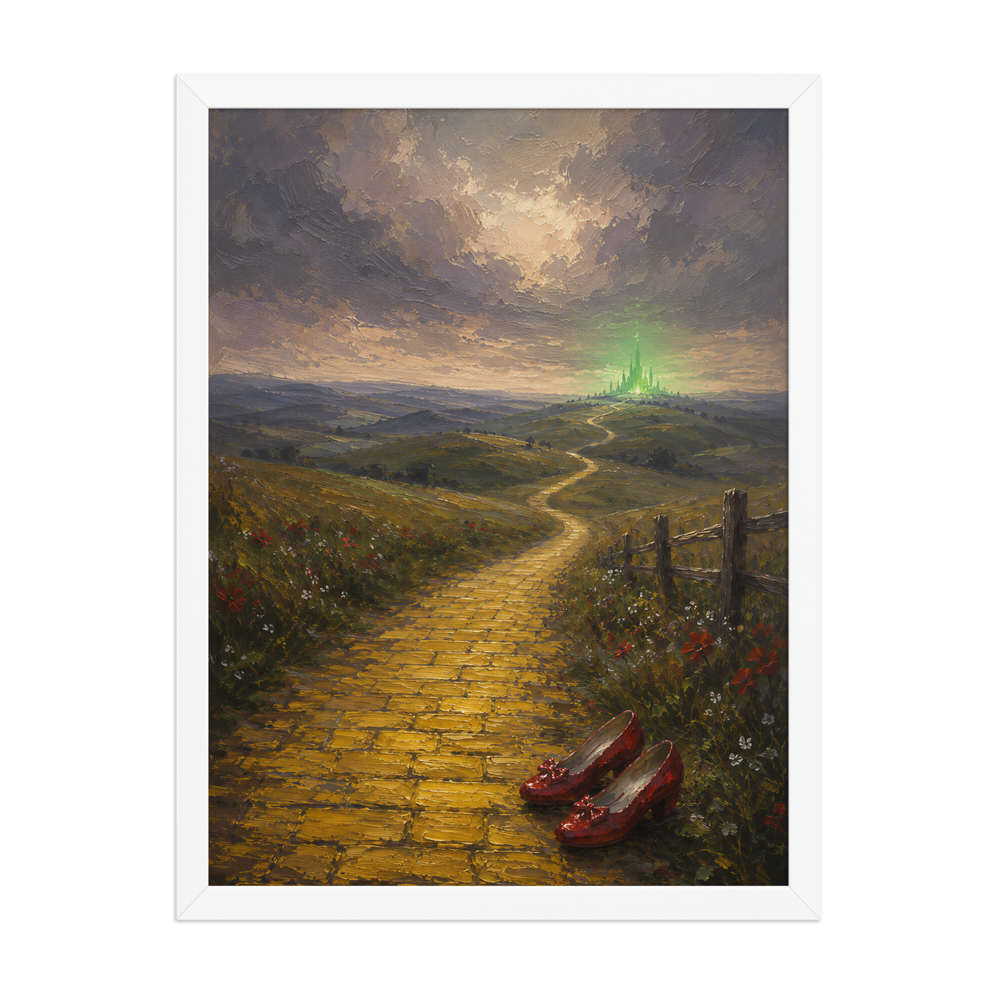 Framed Yellow Brick Road poster featuring ruby slippers beside a winding golden path leading toward a distant emerald city, inspired by There's No Place Like Home, original Visual Poetry artwork.