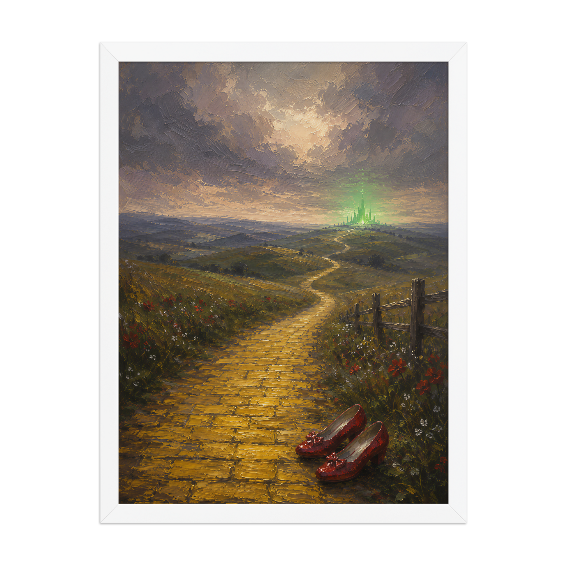 Framed Yellow Brick Road poster featuring ruby slippers beside a winding golden path leading toward a distant emerald city, inspired by There's No Place Like Home, original Visual Poetry artwork.