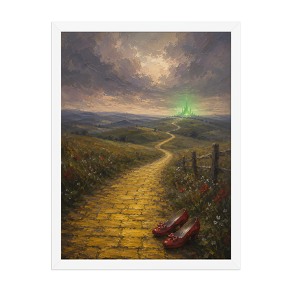 Framed Yellow Brick Road poster featuring ruby slippers beside a winding golden path leading toward a distant emerald city, inspired by There's No Place Like Home, original Visual Poetry artwork.