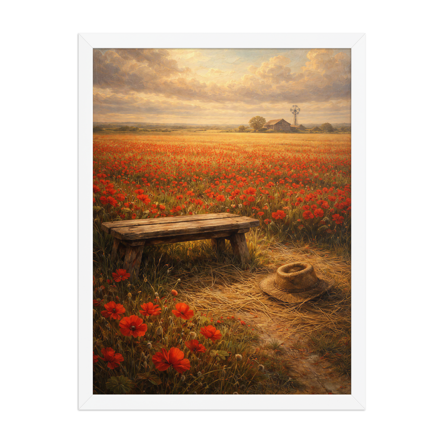 Framed Poppy Field poster featuring a rustic bench, straw hat, and a vast field of red poppies beneath a glowing countryside sky, inspired by The Deadly Poppy Field, original Visual Poetry artwork.