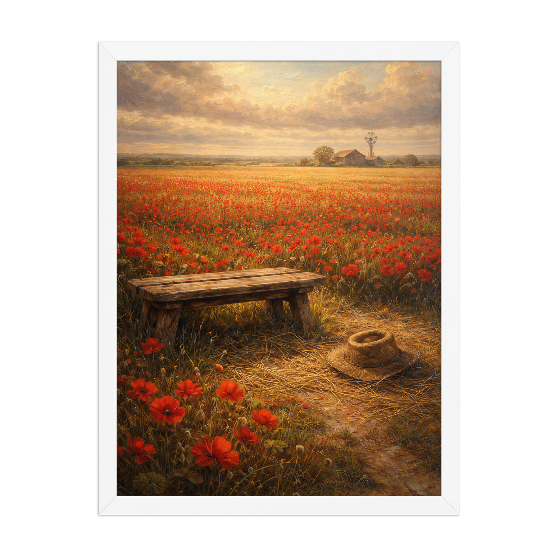 Framed Poppy Field poster featuring a rustic bench, straw hat, and a vast field of red poppies beneath a glowing countryside sky, inspired by The Deadly Poppy Field, original Visual Poetry artwork.