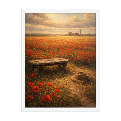 Framed Poppy Field poster featuring a rustic bench, straw hat, and a vast field of red poppies beneath a glowing countryside sky, inspired by The Deadly Poppy Field, original Visual Poetry artwork.