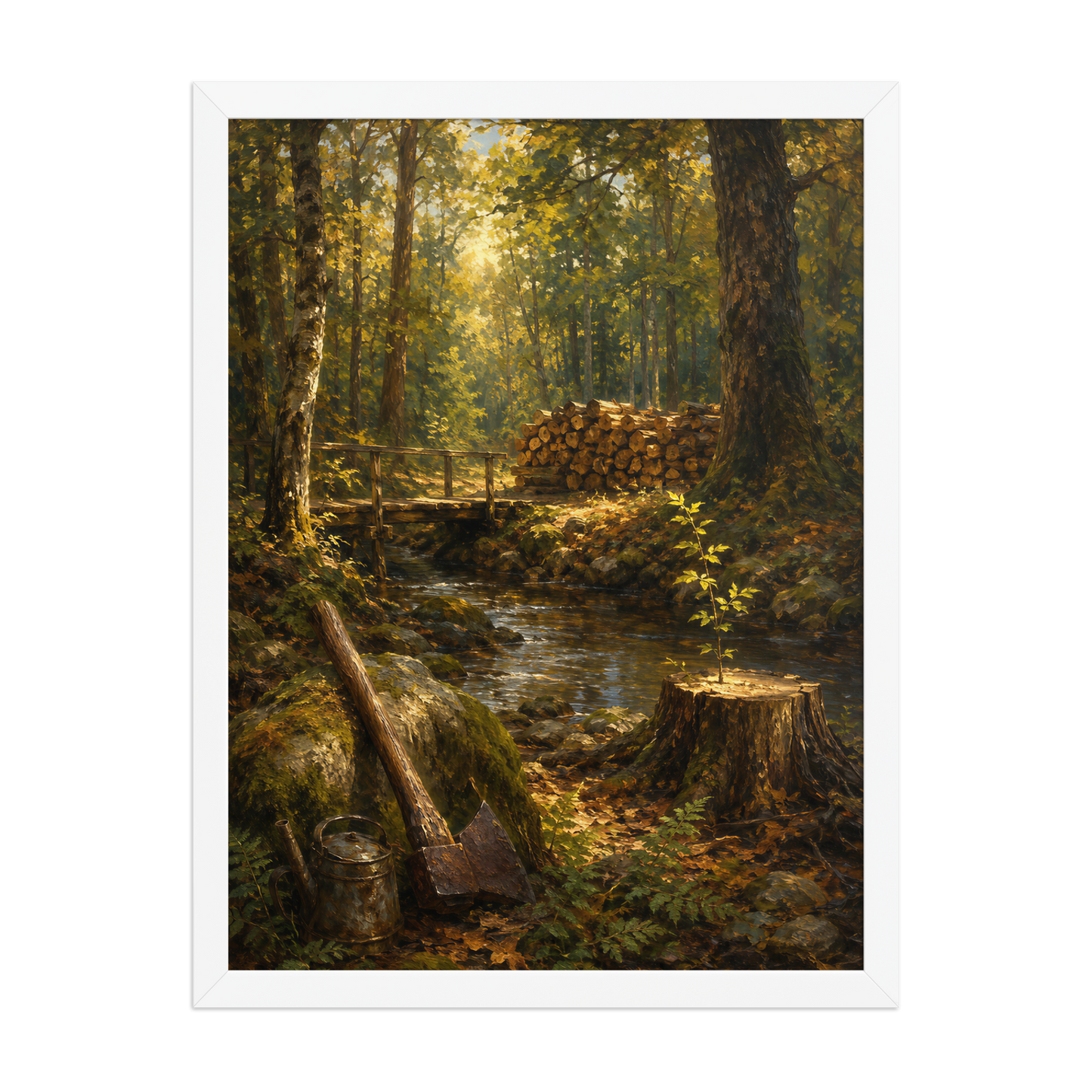 Framed Forest Clearing poster featuring a woodland stream, rustic bridge, axe, stacked firewood, and a young sapling growing from a tree stump, inspired by Follow the Yellow Brick Road, original Visual Poetry artwork.