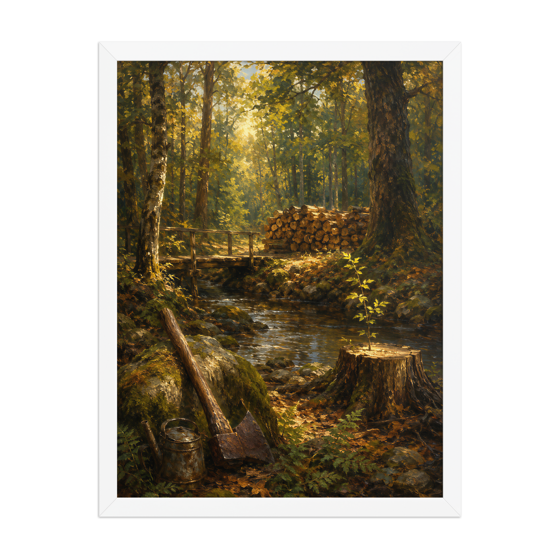 Framed Forest Clearing poster featuring a woodland stream, rustic bridge, axe, stacked firewood, and a young sapling growing from a tree stump, inspired by Follow the Yellow Brick Road, original Visual Poetry artwork.