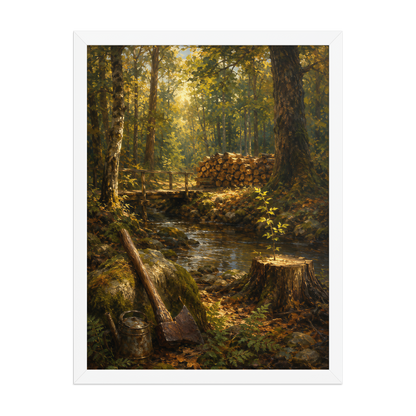 Framed Forest Clearing poster featuring a woodland stream, rustic bridge, axe, stacked firewood, and a young sapling growing from a tree stump, inspired by Follow the Yellow Brick Road, original Visual Poetry artwork.