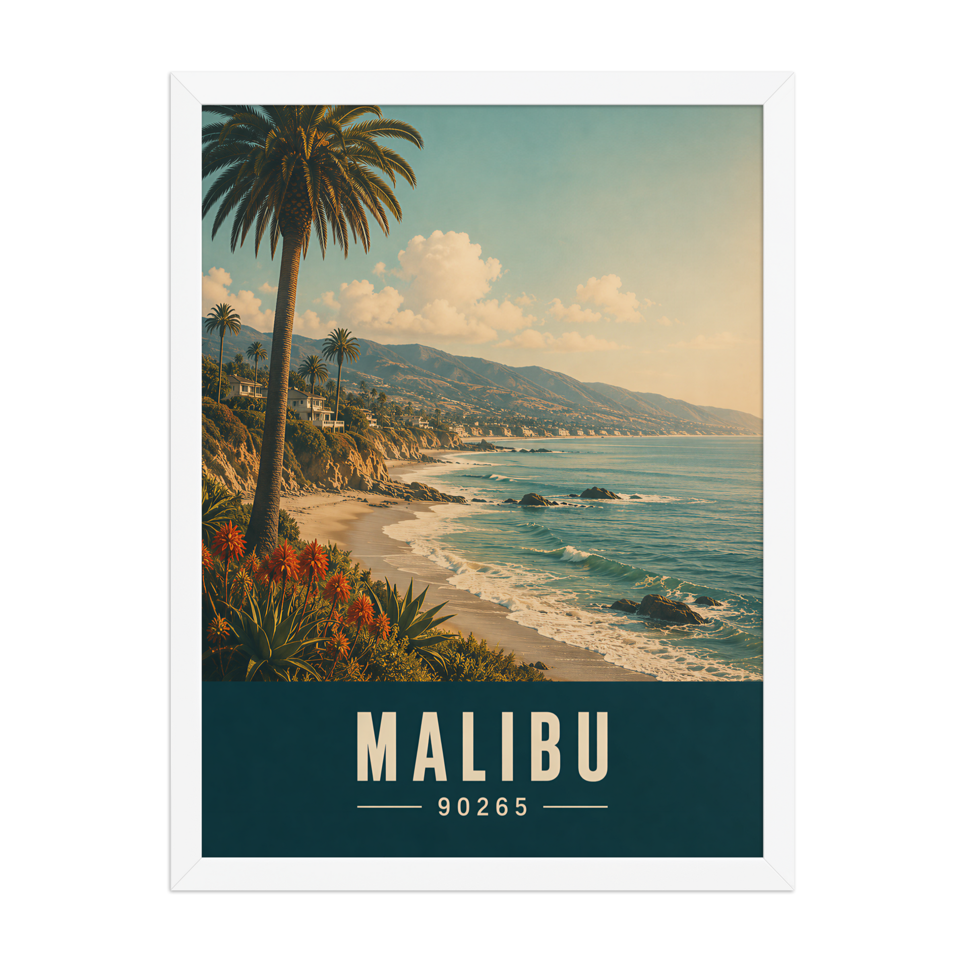 Framed Malibu California retro travel poster with 90265 zip code, coastal beach wall art