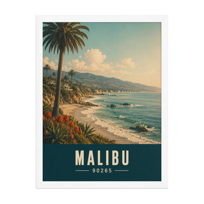 Framed Malibu California retro travel poster with 90265 zip code, coastal beach wall art