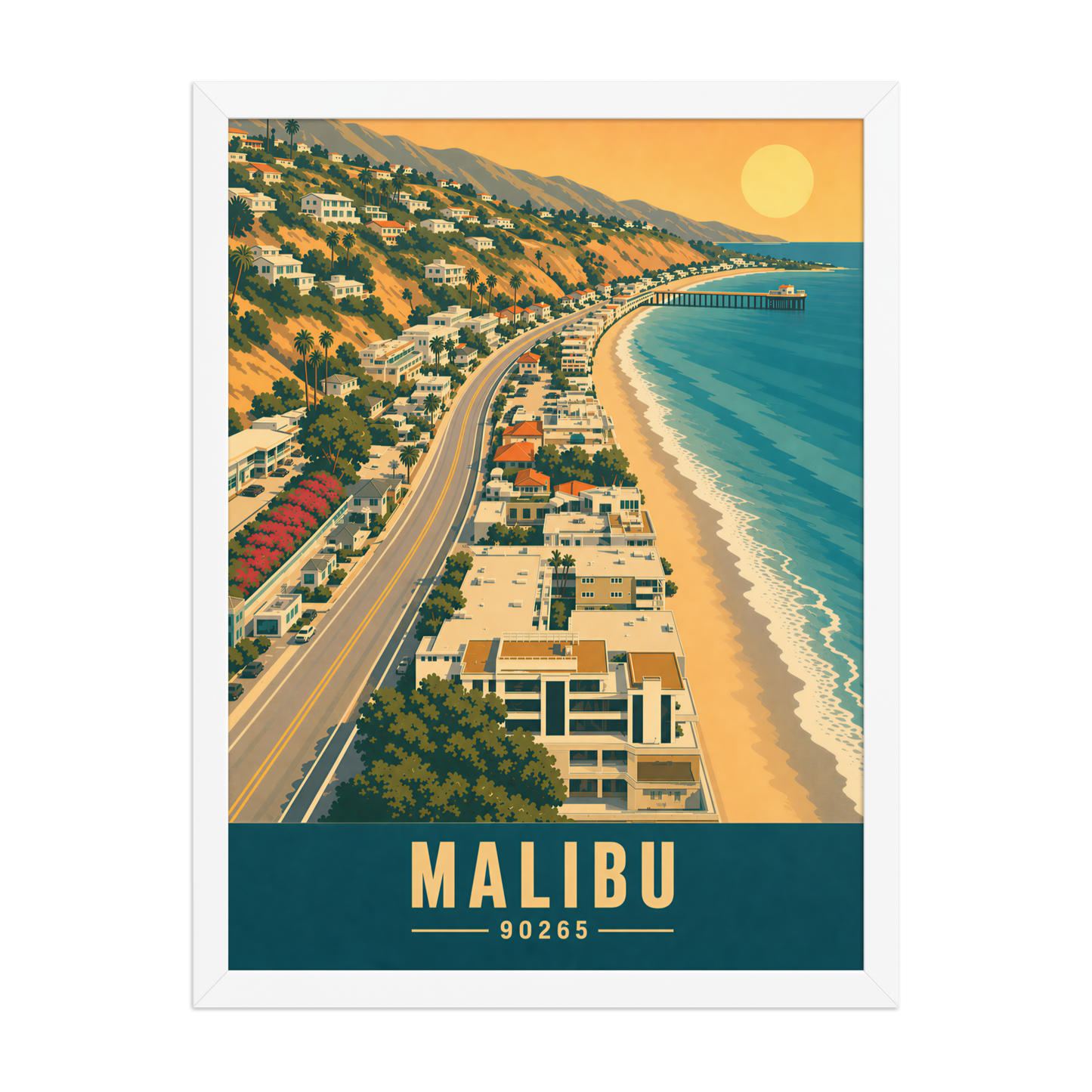 Framed aerial Malibu Pacific Coast Highway poster with 90265 zip code