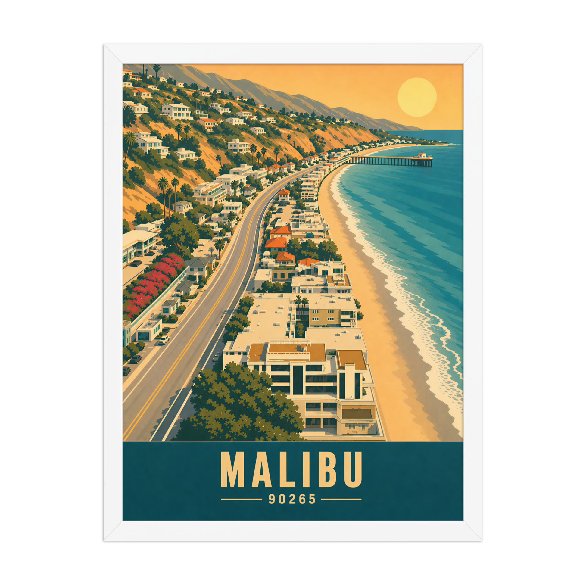 Framed aerial Malibu Pacific Coast Highway poster with 90265 zip code