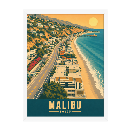 Framed aerial Malibu Pacific Coast Highway poster with 90265 zip code