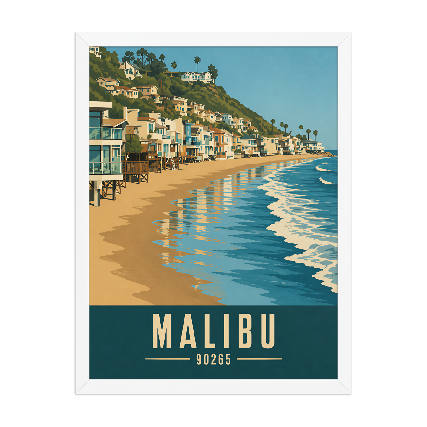 Framed Malibu beach house coastal poster with 90265 zip code