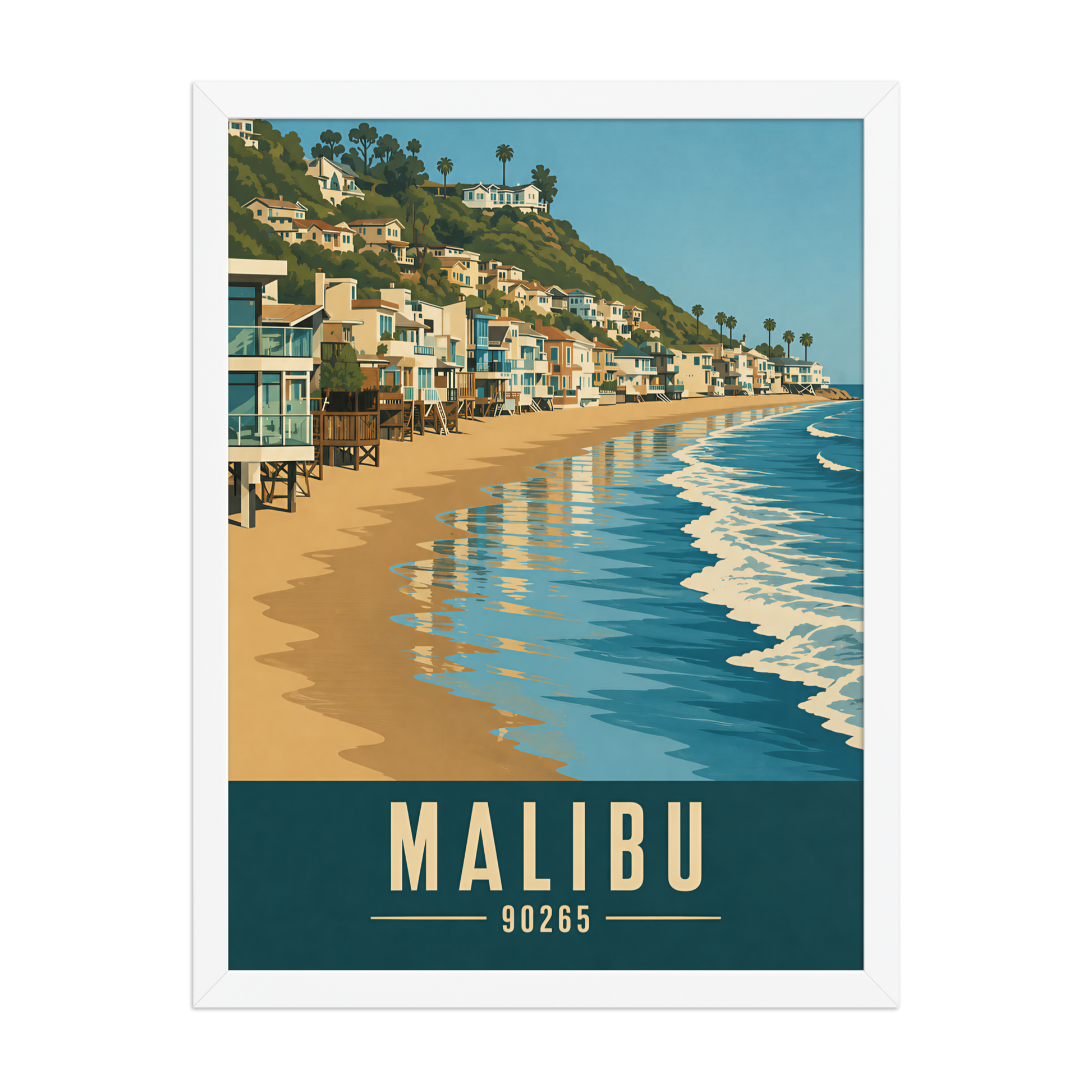 Framed Malibu beach house coastal poster with 90265 zip code