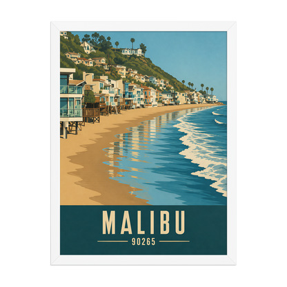 Framed Malibu beach house coastal poster with 90265 zip code
