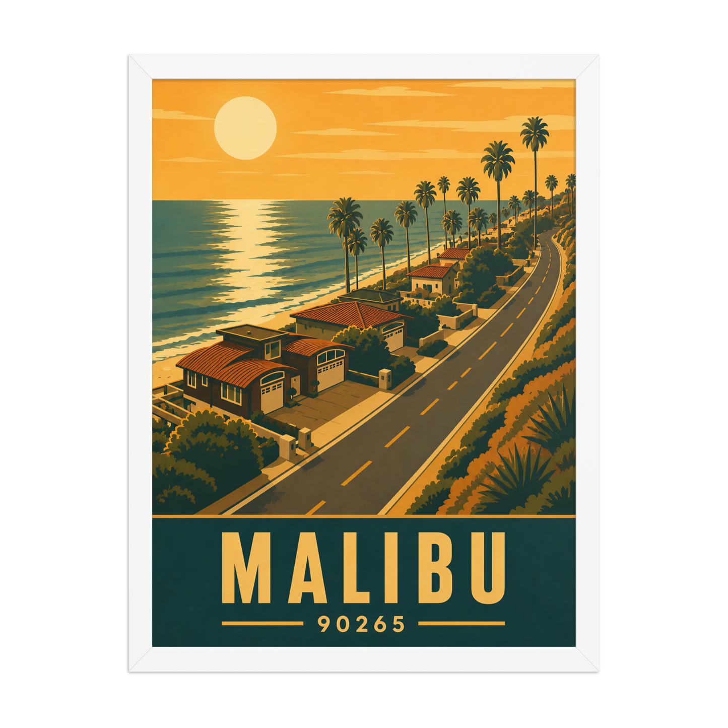 Framed Malibu palm-lined sunset coastal road poster with 90265 zip code