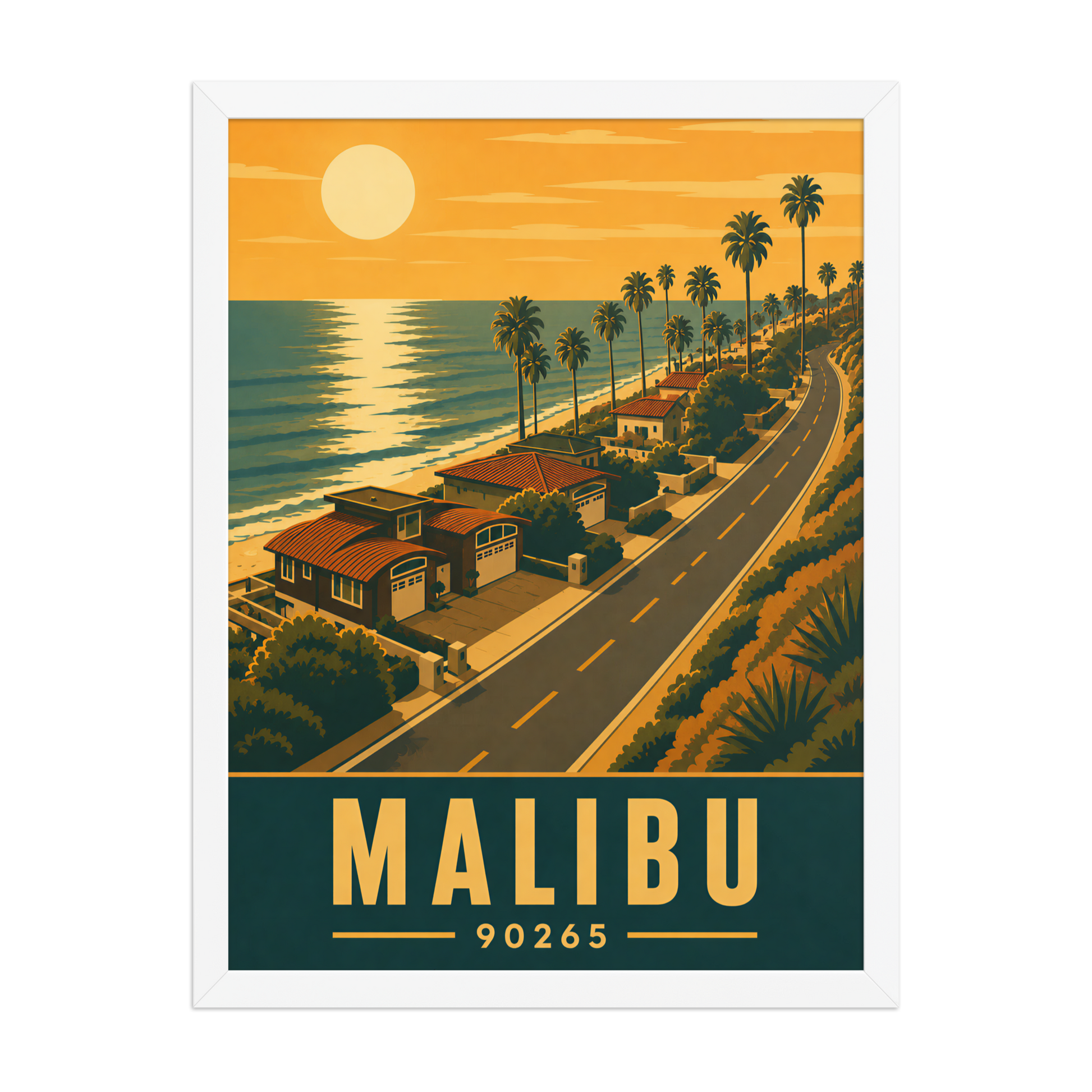 Framed Malibu palm-lined sunset coastal road poster with 90265 zip code