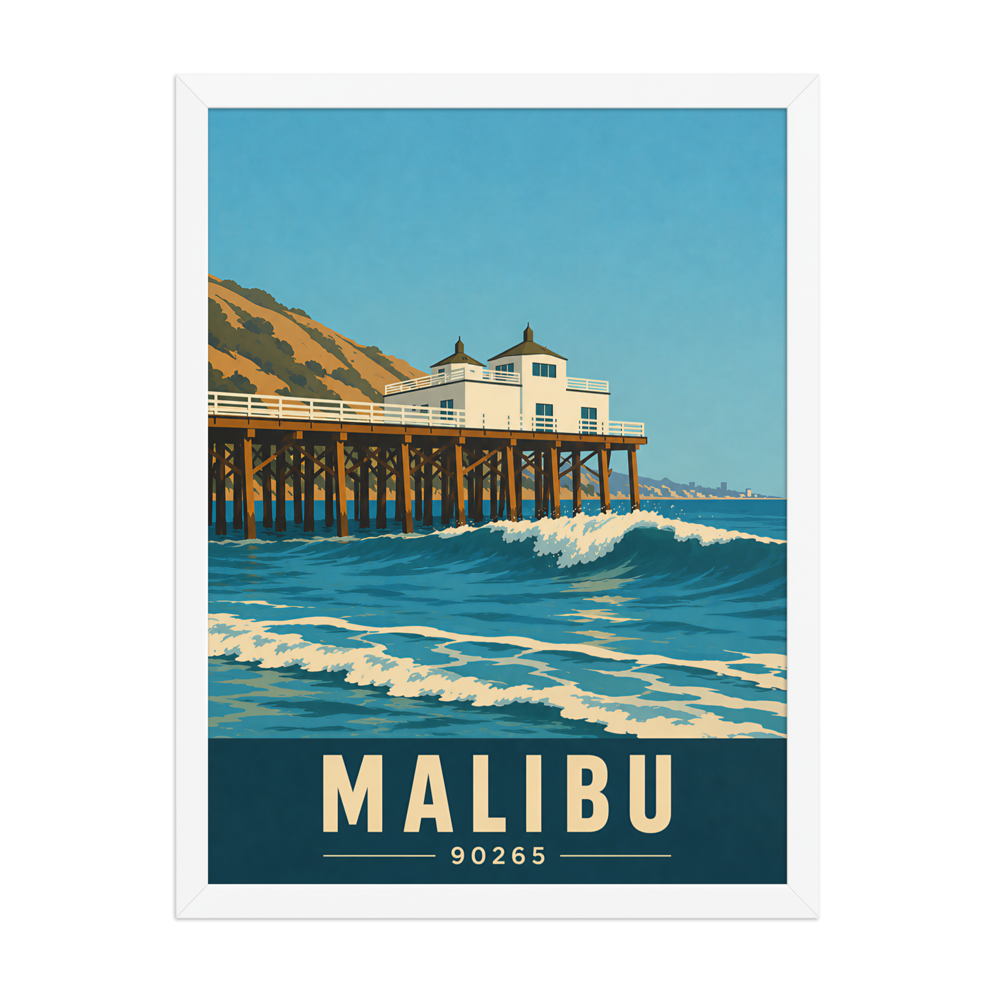Framed Malibu oceanfront pier and waves poster with 90265 zip code
