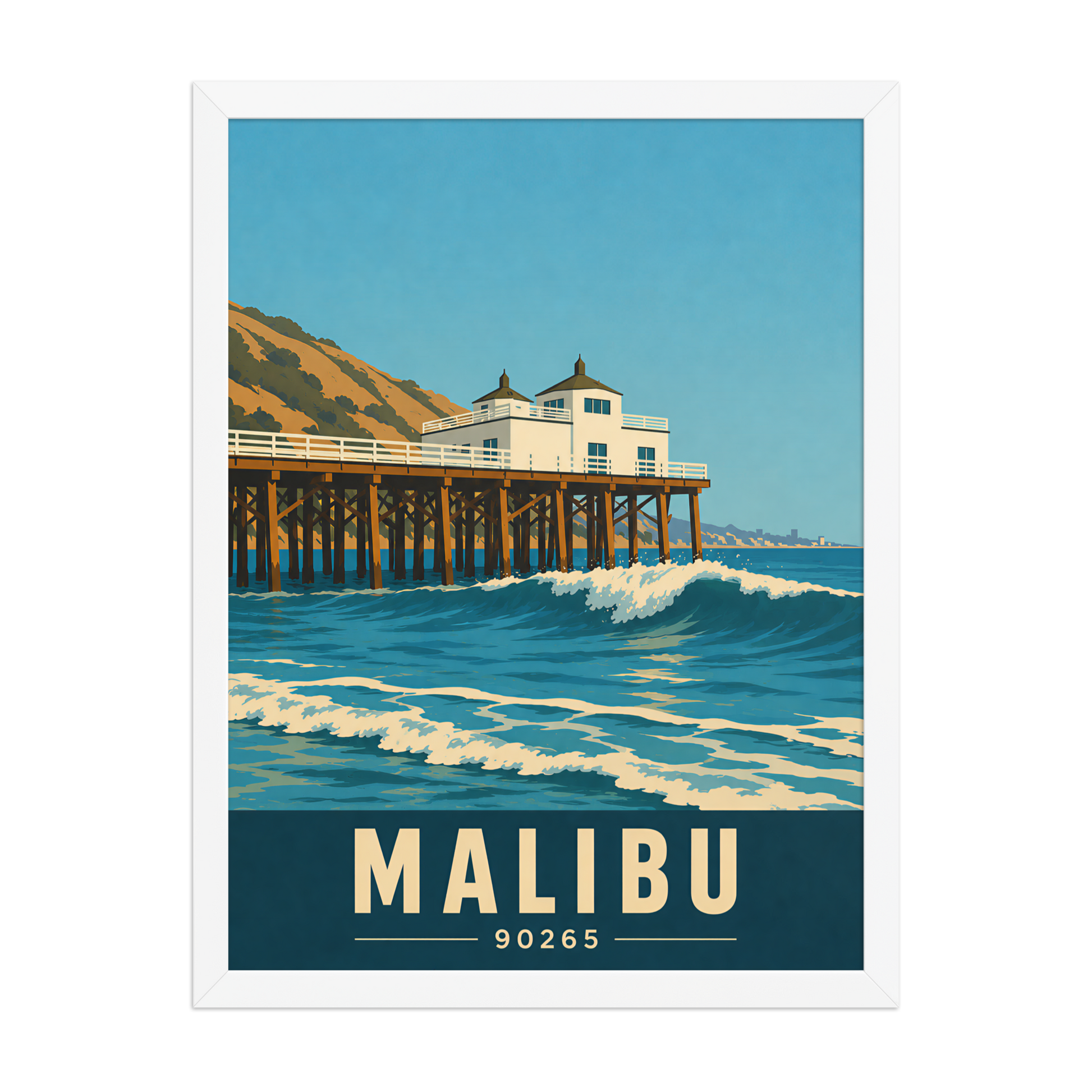 Framed Malibu oceanfront pier and waves poster with 90265 zip code