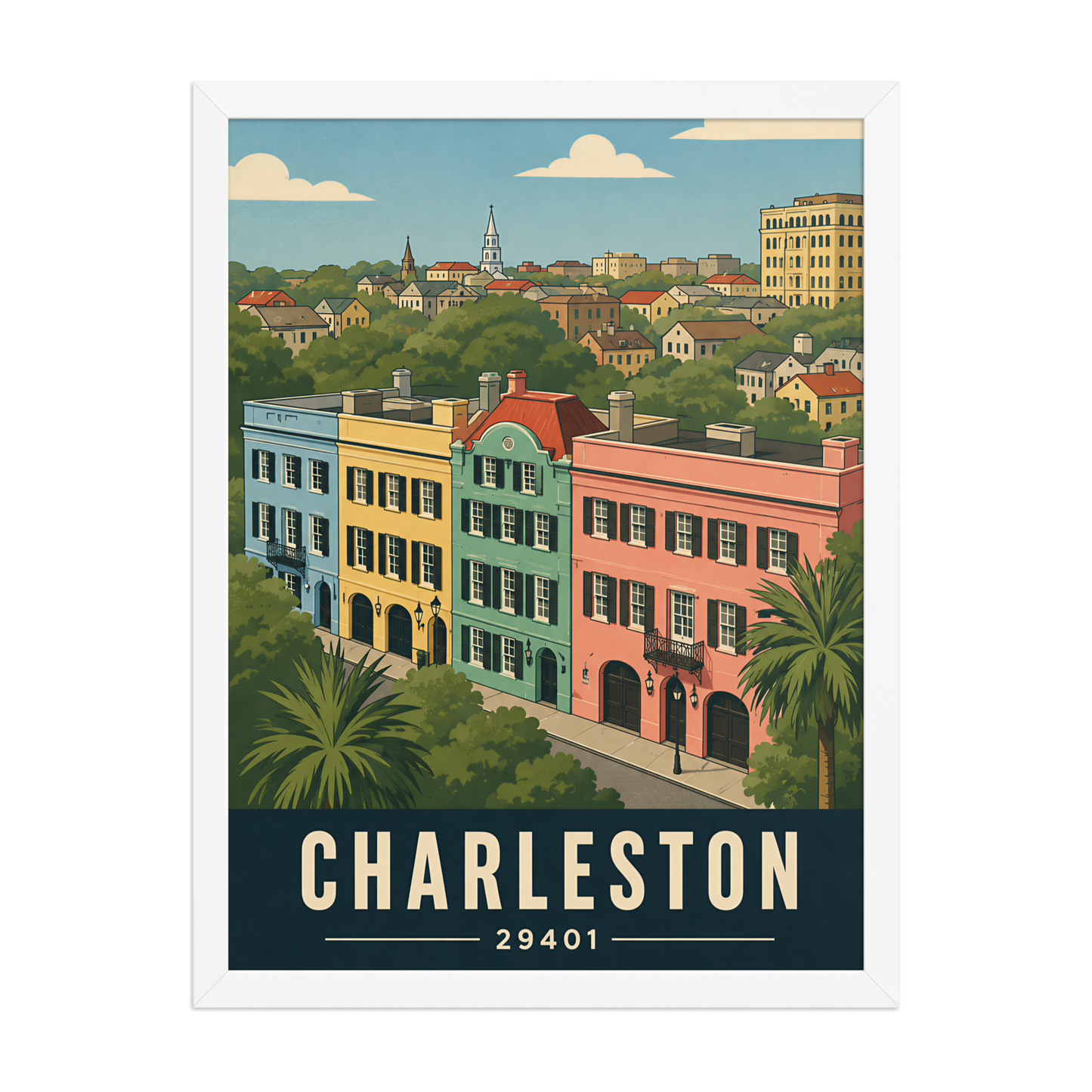 Framed Rainbow Row Charleston historic homes poster with 29401 zip code