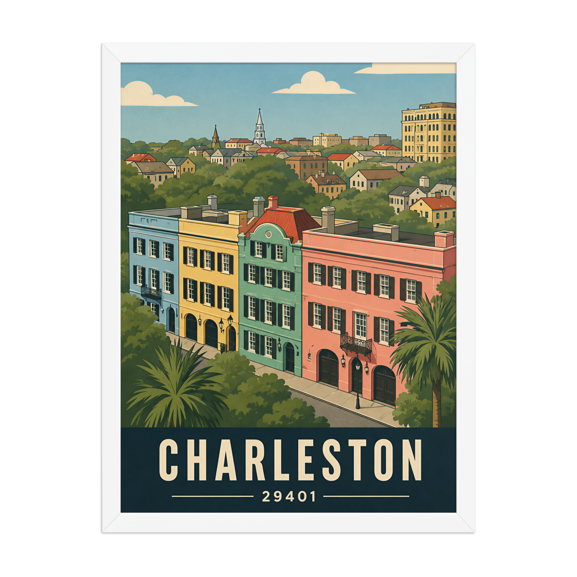 Framed Rainbow Row Charleston historic homes poster with 29401 zip code