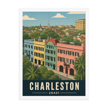 Framed Rainbow Row Charleston historic homes poster with 29401 zip code