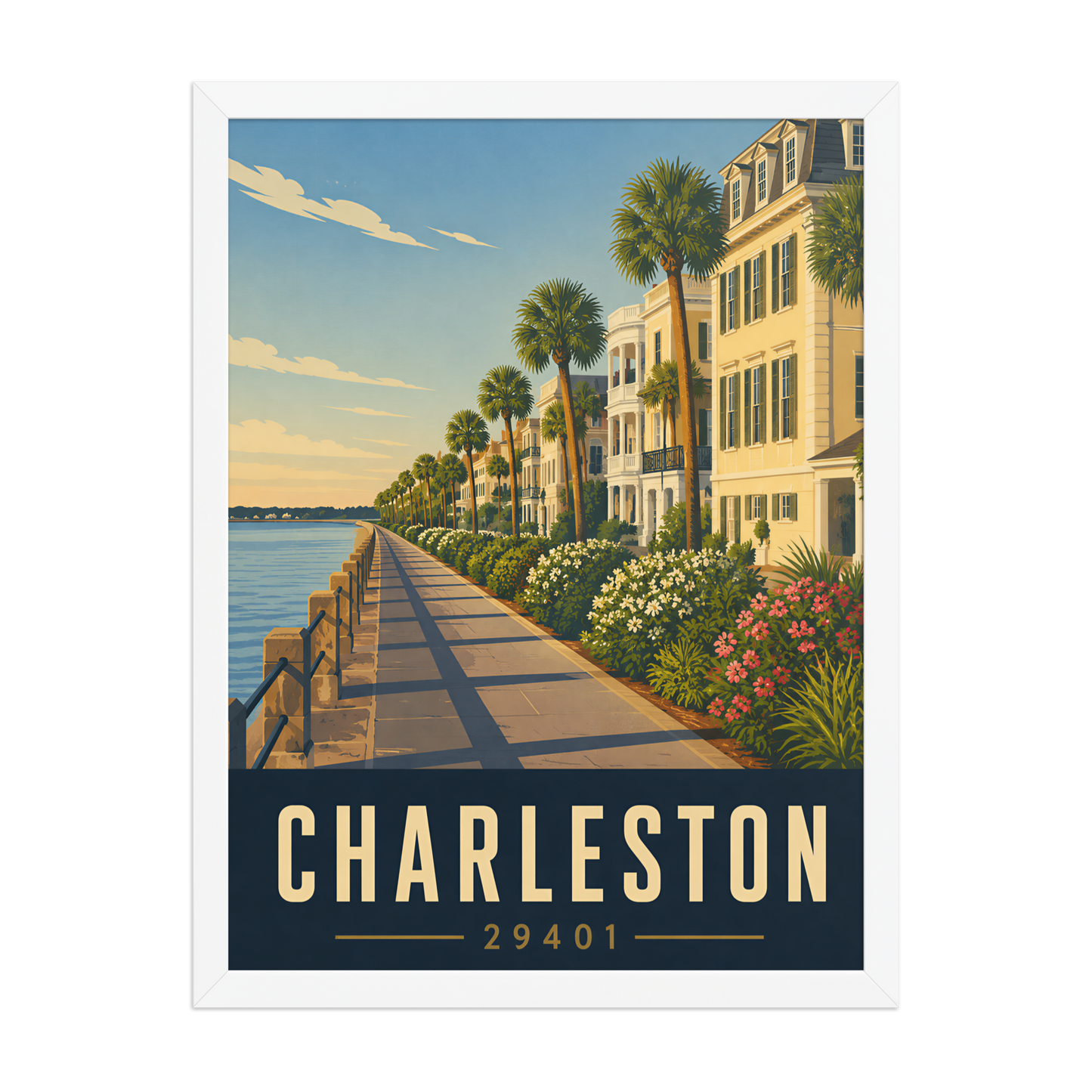 Framed Charleston The Battery waterfront poster with 29401 zip code